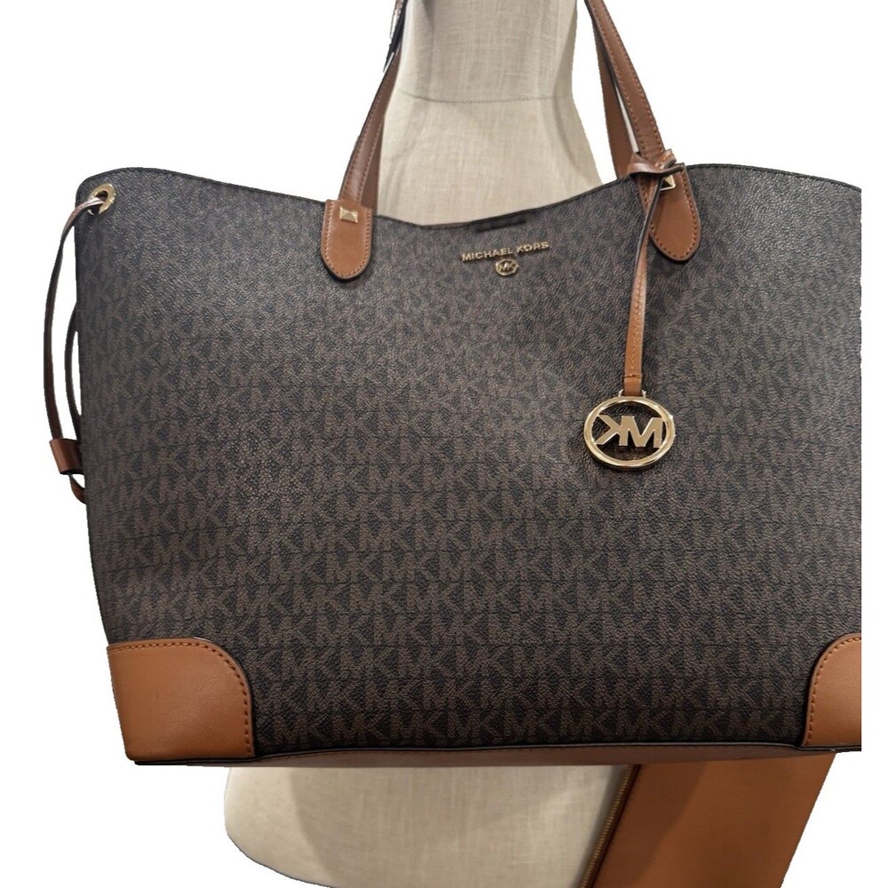Michael Kors Edith Brown Leather MK Printed Logo Double Handles Tote Bag